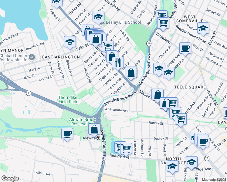 map of restaurants, bars, coffee shops, grocery stores, and more near 39 Lafayette Street in Arlington