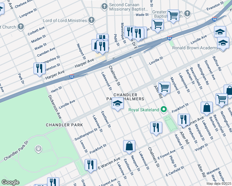 map of restaurants, bars, coffee shops, grocery stores, and more near 5732 Lakewood Street in Detroit