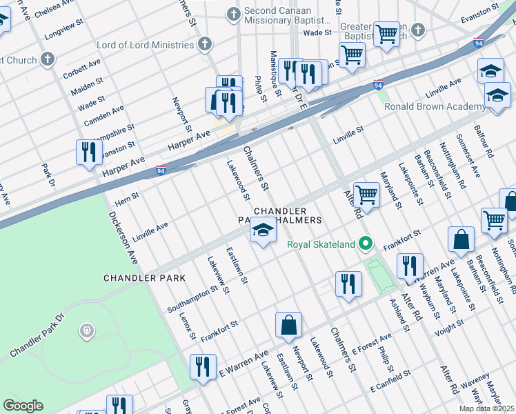 map of restaurants, bars, coffee shops, grocery stores, and more near 5732 Lakewood Street in Detroit