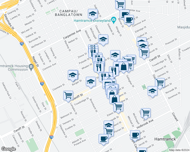 map of restaurants, bars, coffee shops, grocery stores, and more near 11361 Joseph Campau Avenue in Hamtramck
