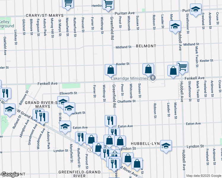 map of restaurants, bars, coffee shops, grocery stores, and more near 15097 Greenfield Road in Detroit