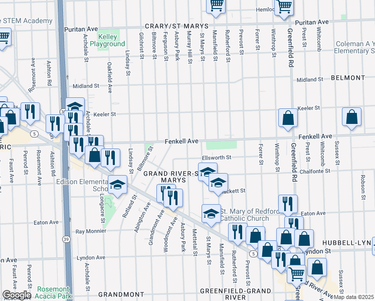 map of restaurants, bars, coffee shops, grocery stores, and more near 15213 Mettetal Street in Detroit