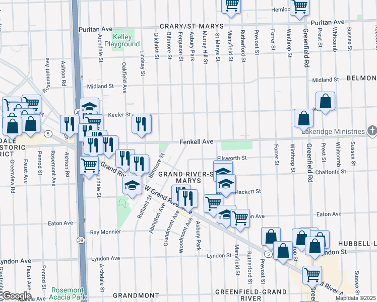 map of restaurants, bars, coffee shops, grocery stores, and more near 15066 Ferguson Street in Detroit