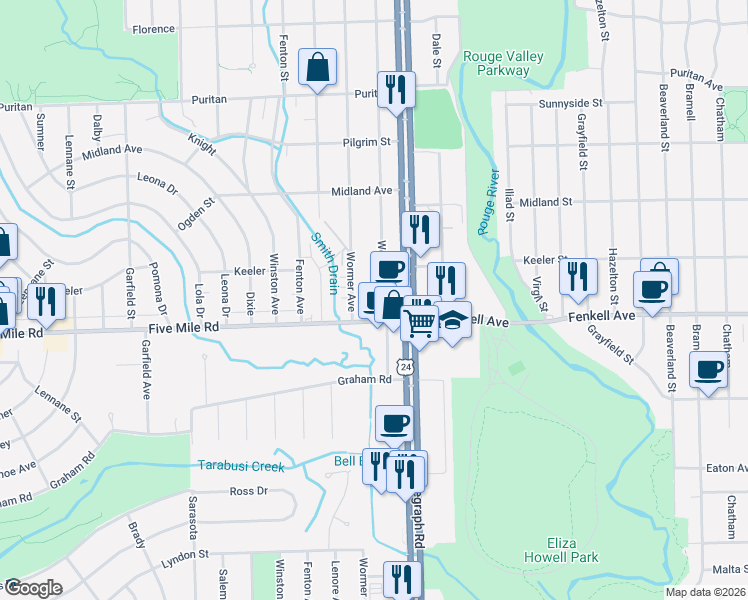 map of restaurants, bars, coffee shops, grocery stores, and more near 24250 Five Mile Road in Redford Charter Township