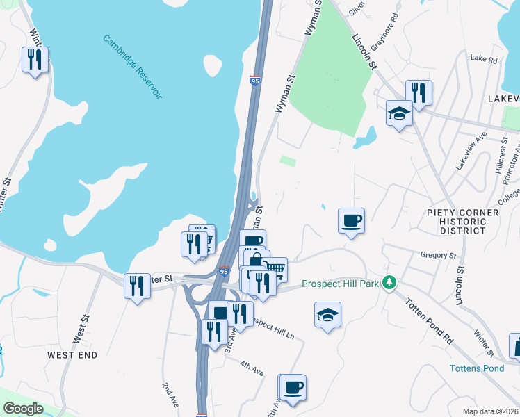 map of restaurants, bars, coffee shops, grocery stores, and more near 175 Wyman Street in Waltham
