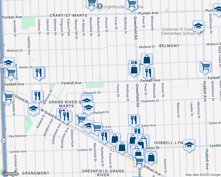 map of restaurants, bars, coffee shops, grocery stores, and more near 15220 Prevost Street in Detroit