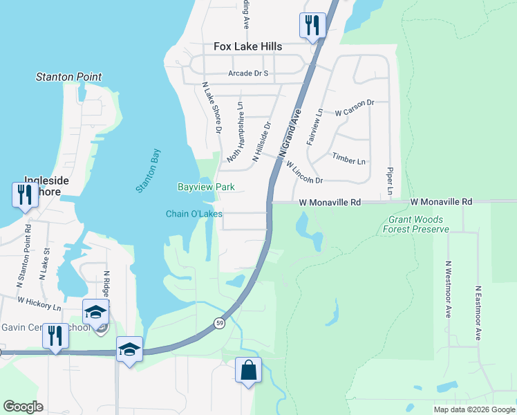 map of restaurants, bars, coffee shops, grocery stores, and more near 25540 West Grant Avenue in Ingleside