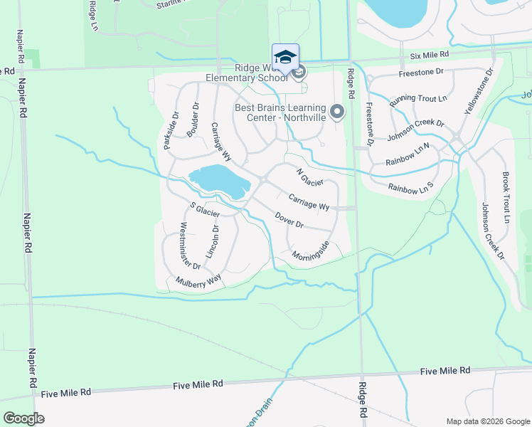 map of restaurants, bars, coffee shops, grocery stores, and more near 16863 Dover Drive in Northville
