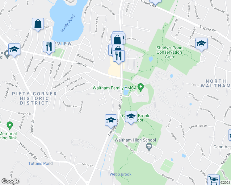 map of restaurants, bars, coffee shops, grocery stores, and more near 736 Lexington Street in Waltham