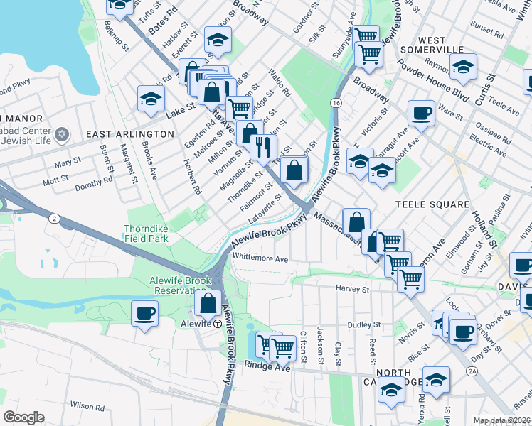 map of restaurants, bars, coffee shops, grocery stores, and more near 39 Lafayette Street in Arlington