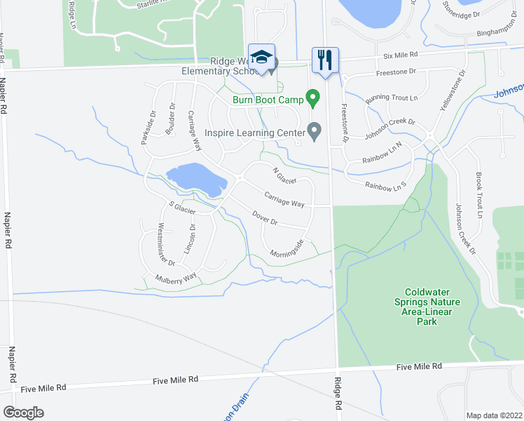 map of restaurants, bars, coffee shops, grocery stores, and more near 16016 Morningside in Northville