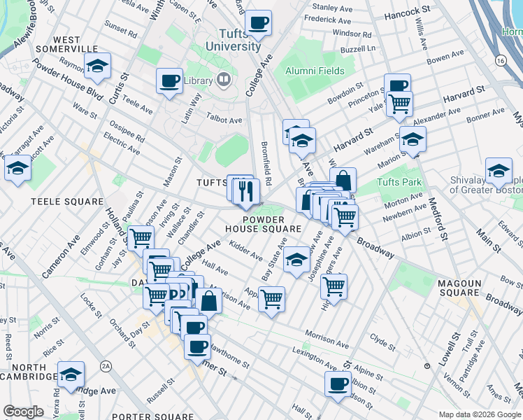 map of restaurants, bars, coffee shops, grocery stores, and more near 850 Broadway in Somerville