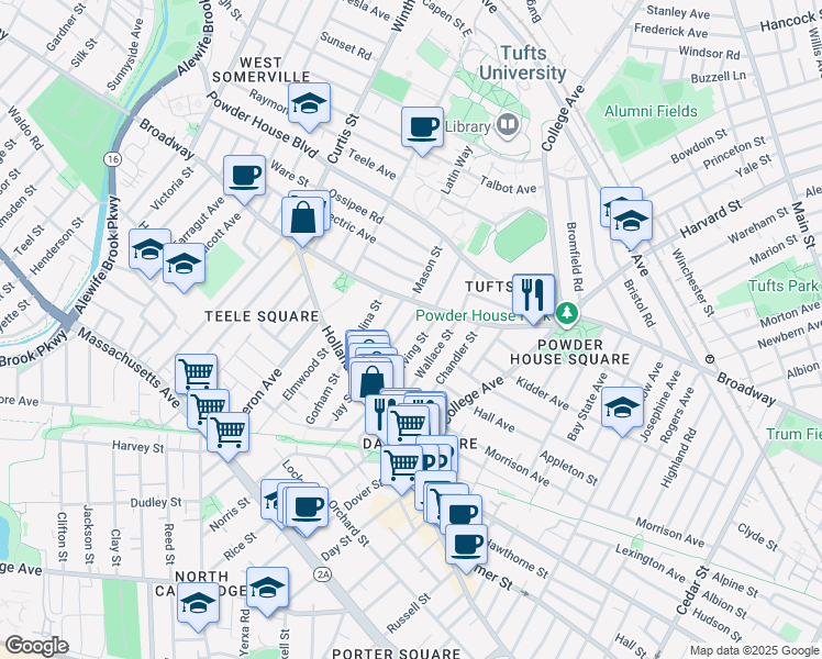 map of restaurants, bars, coffee shops, grocery stores, and more near 66 Irving Street in Somerville