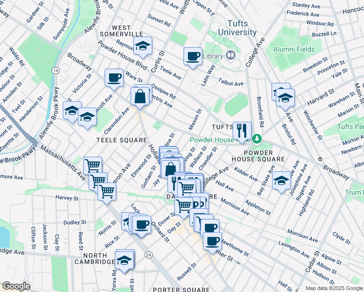 map of restaurants, bars, coffee shops, grocery stores, and more near 66 Irving Street in Somerville