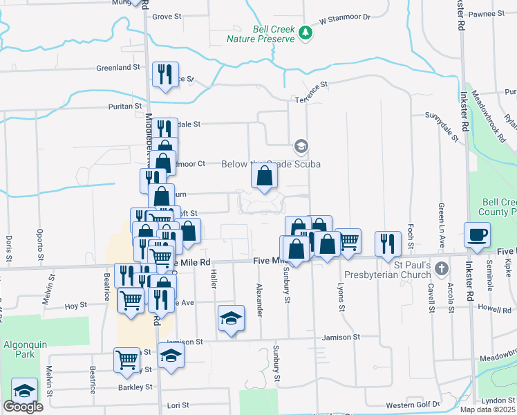 map of restaurants, bars, coffee shops, grocery stores, and more near 28686 Bayberry Park Drive in Livonia