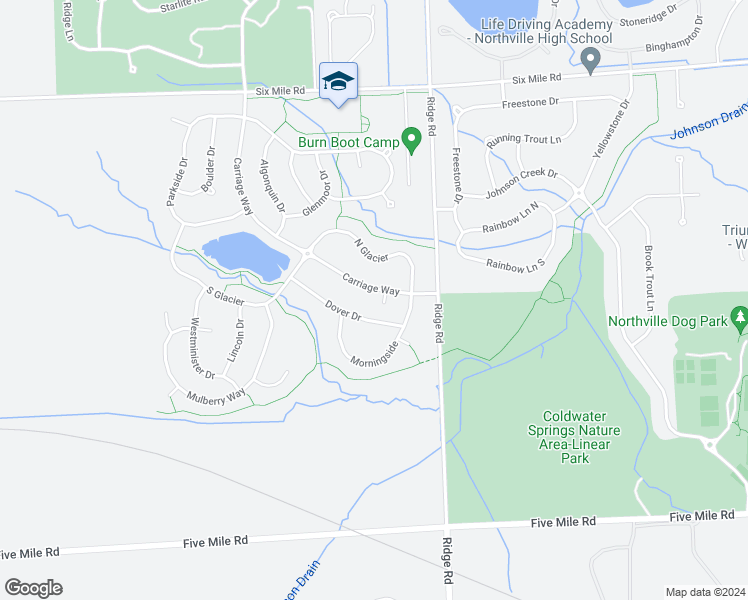 map of restaurants, bars, coffee shops, grocery stores, and more near 16098 Morningside in Northville