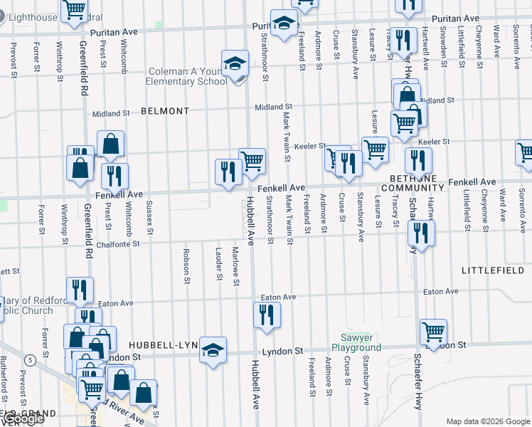 map of restaurants, bars, coffee shops, grocery stores, and more near 15050 Hubbell Avenue in Detroit