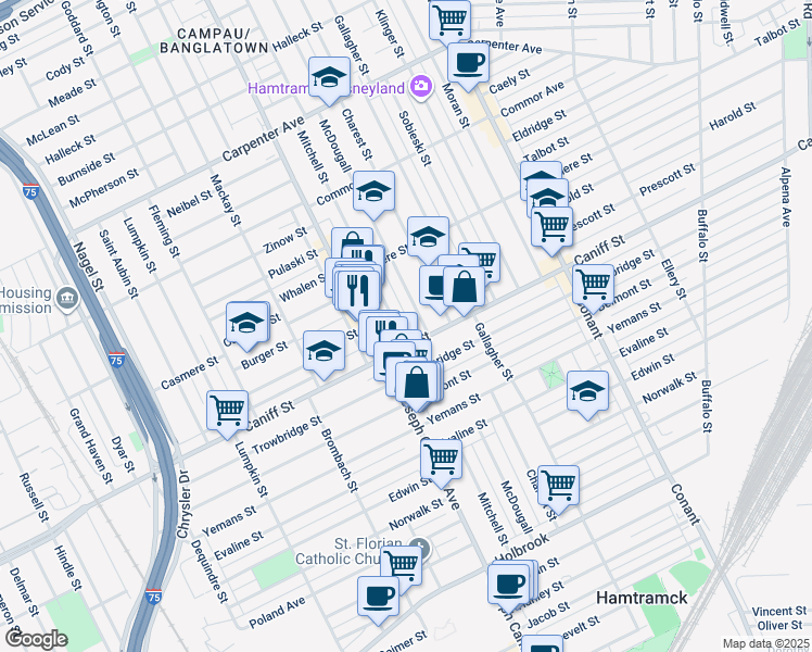 map of restaurants, bars, coffee shops, grocery stores, and more near in Hamtramck