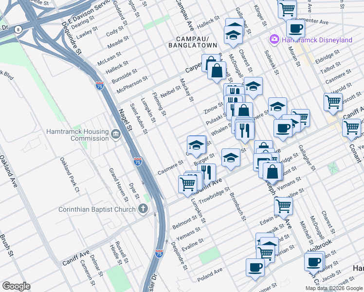 map of restaurants, bars, coffee shops, grocery stores, and more near 11631 Fleming Street in Hamtramck