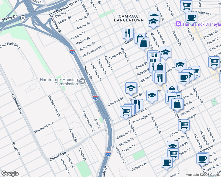 map of restaurants, bars, coffee shops, grocery stores, and more near 11592 Saint Aubin Street in Hamtramck