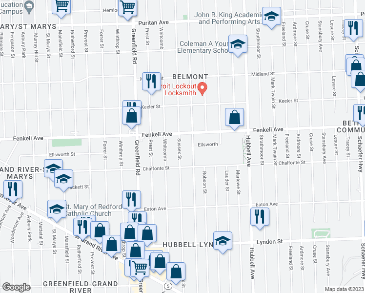 map of restaurants, bars, coffee shops, grocery stores, and more near 15088 Sussex Street in Detroit