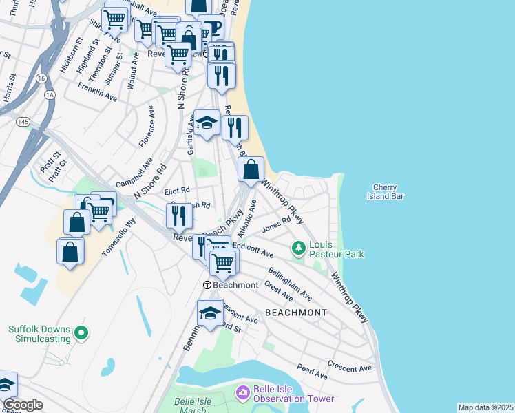 map of restaurants, bars, coffee shops, grocery stores, and more near 26 Wave Avenue in Revere