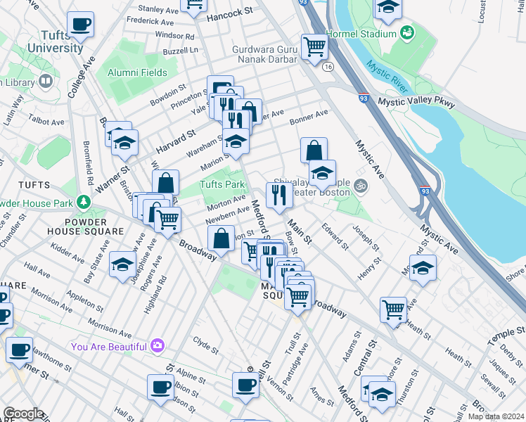 map of restaurants, bars, coffee shops, grocery stores, and more near 1 Clayton Avenue in Medford