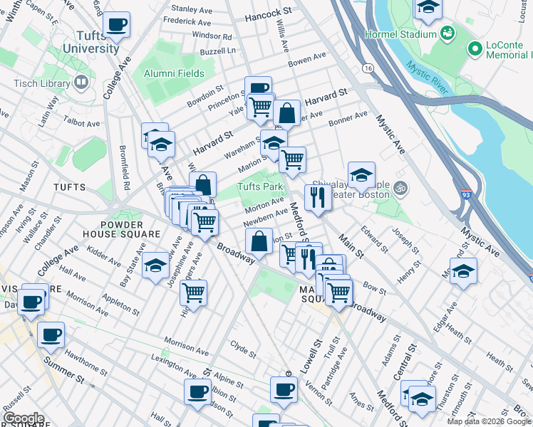 map of restaurants, bars, coffee shops, grocery stores, and more near 28 Newbern Avenue in Medford
