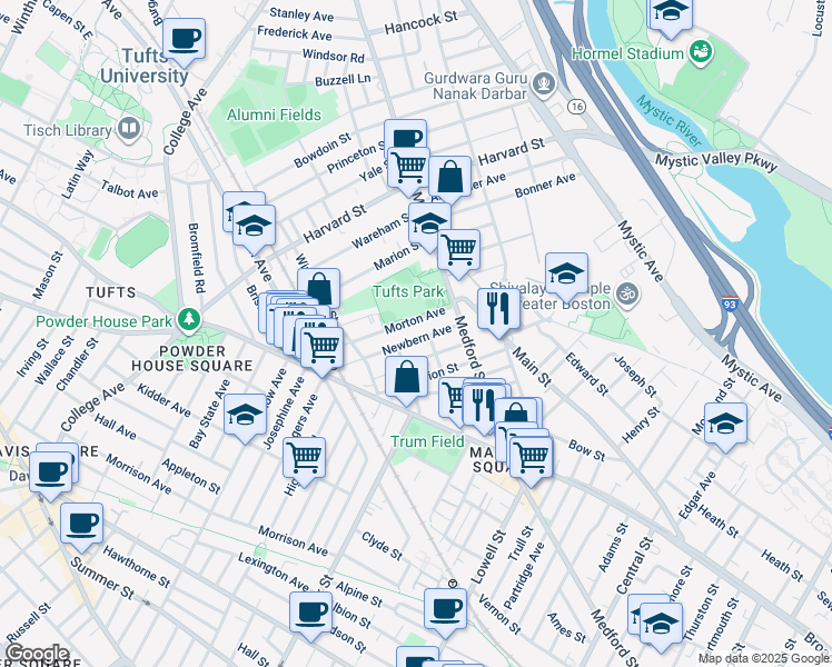 map of restaurants, bars, coffee shops, grocery stores, and more near 28 Newbern Avenue in Medford