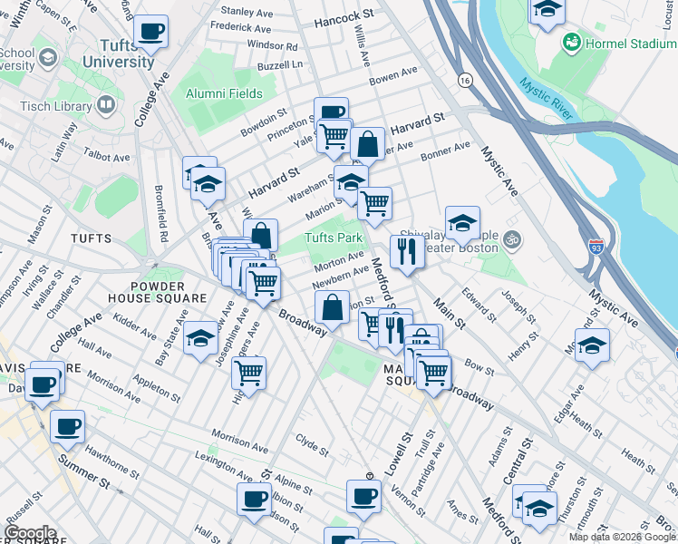 map of restaurants, bars, coffee shops, grocery stores, and more near 28 Newbern Avenue in Medford