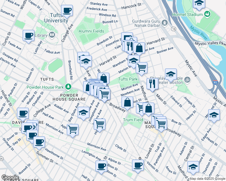 map of restaurants, bars, coffee shops, grocery stores, and more near in Medford