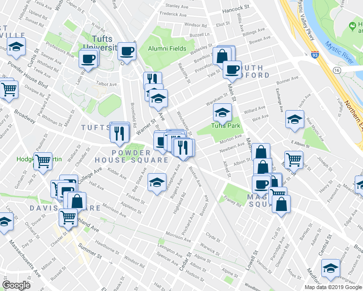 map of restaurants, bars, coffee shops, grocery stores, and more near 642 Boston Avenue in Medford