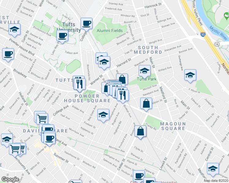 map of restaurants, bars, coffee shops, grocery stores, and more near 642 Boston Avenue in Medford