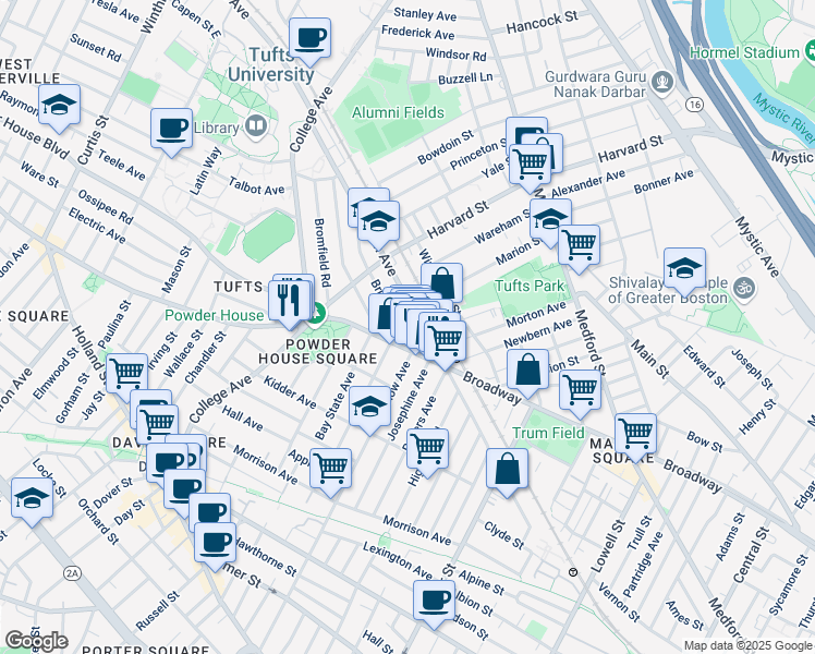 map of restaurants, bars, coffee shops, grocery stores, and more near 739 Broadway in Somerville