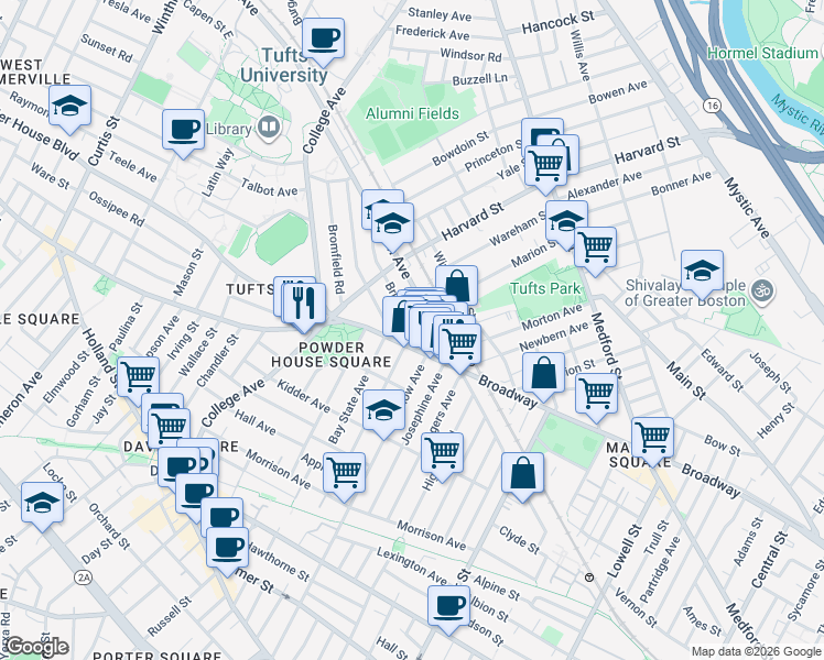 map of restaurants, bars, coffee shops, grocery stores, and more near 739 Broadway in Somerville