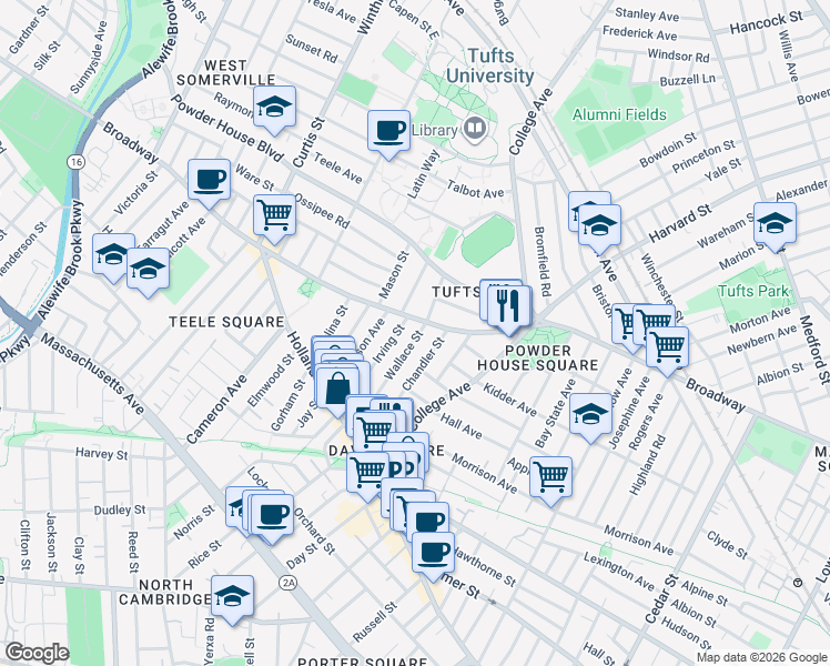 map of restaurants, bars, coffee shops, grocery stores, and more near 95 Wallace Street in Somerville