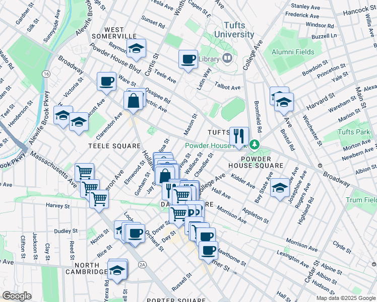 map of restaurants, bars, coffee shops, grocery stores, and more near 66 Irving Street in Somerville