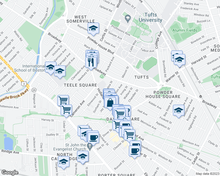 map of restaurants, bars, coffee shops, grocery stores, and more near 41 Corinthian Road in Somerville