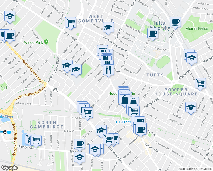 map of restaurants, bars, coffee shops, grocery stores, and more near 19 Cameron Avenue in Somerville