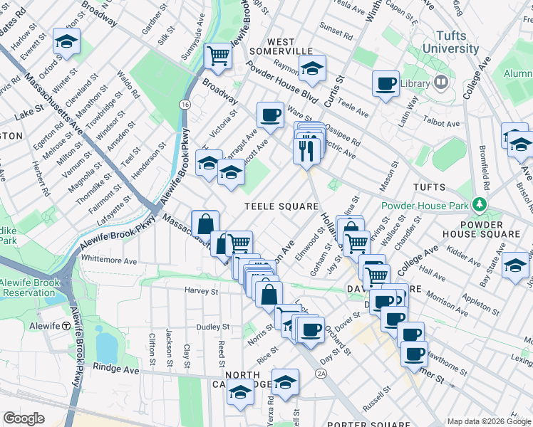 map of restaurants, bars, coffee shops, grocery stores, and more near 82 Newbury Street in Somerville