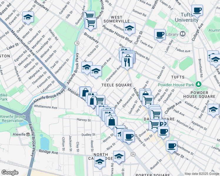 map of restaurants, bars, coffee shops, grocery stores, and more near 82 Newbury Street in Somerville