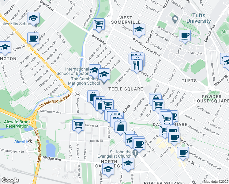 map of restaurants, bars, coffee shops, grocery stores, and more near 82 Newbury Street in Somerville