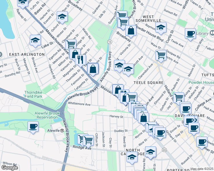 map of restaurants, bars, coffee shops, grocery stores, and more near 2571 Massachusetts Avenue in Cambridge