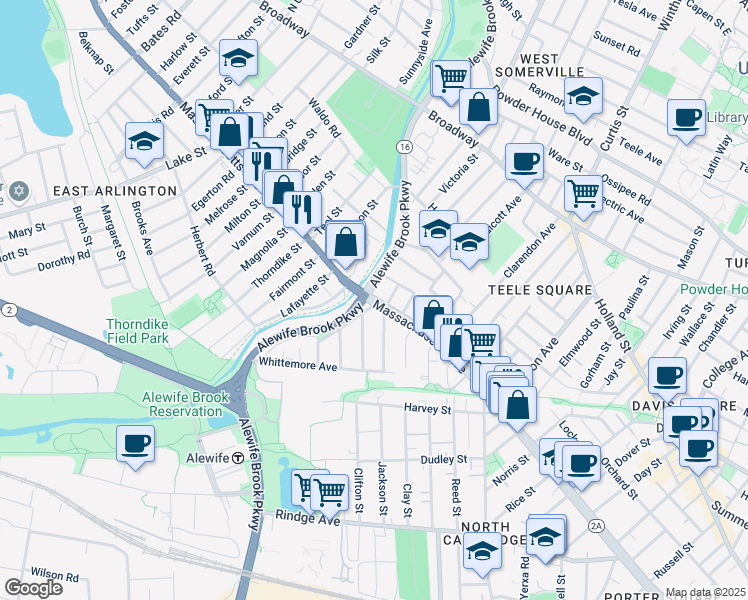 map of restaurants, bars, coffee shops, grocery stores, and more near 25 Columbus Avenue in Cambridge