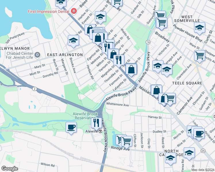 map of restaurants, bars, coffee shops, grocery stores, and more near 58 Fairmont Street in Arlington