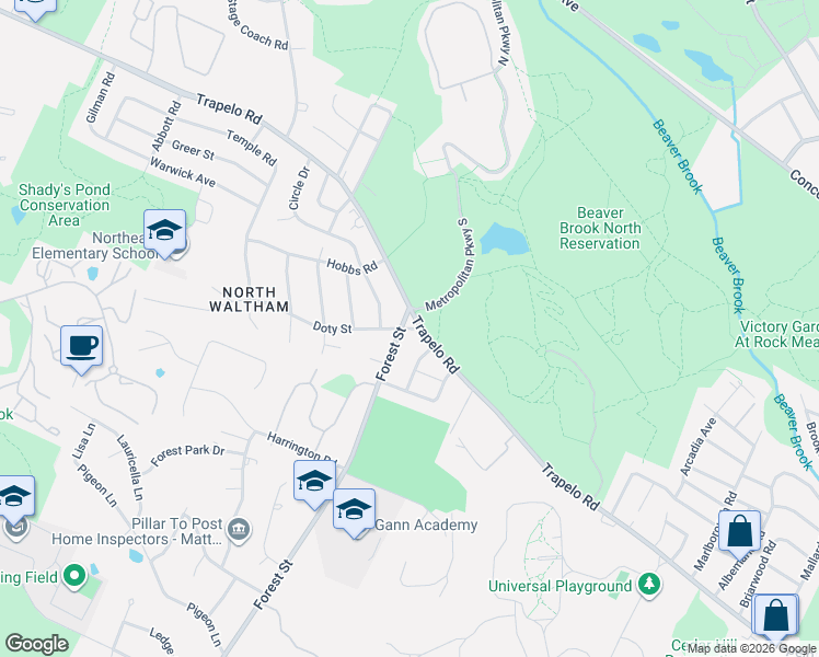 map of restaurants, bars, coffee shops, grocery stores, and more near 482 Trapelo Road in Waltham