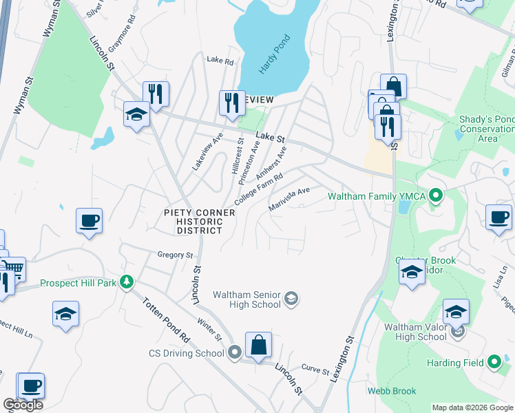 map of restaurants, bars, coffee shops, grocery stores, and more near 93 Marivista Avenue in Waltham