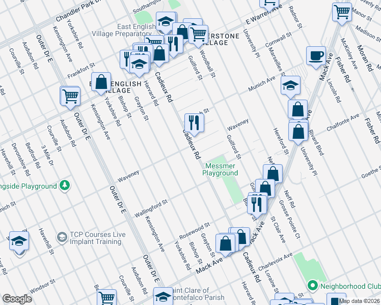 map of restaurants, bars, coffee shops, grocery stores, and more near 4241 Harvard Road in Detroit