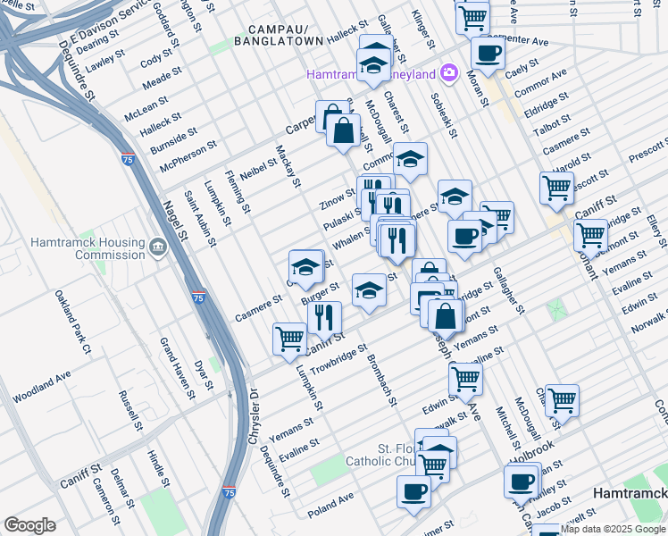 map of restaurants, bars, coffee shops, grocery stores, and more near 2415 Burger Street in Hamtramck