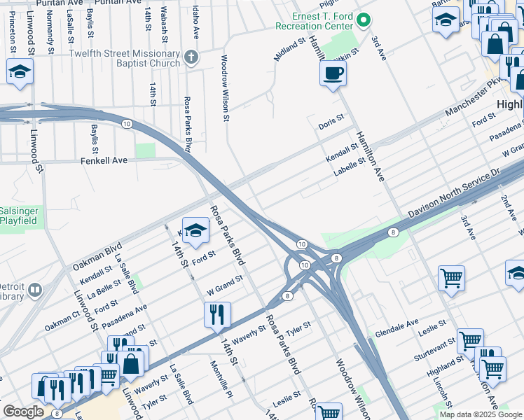 map of restaurants, bars, coffee shops, grocery stores, and more near 2776 John C Lodge Service Drive in Detroit